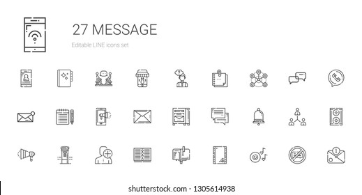 message icons set. Collection of message with romantic music, envelope, mailbox, notebook, user, megaphone, notification, chat, email, note. Editable and scalable message icons.