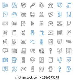 message icons set. Collection of message with smartphone, pen, chat, bubbles, email, mailbox, notebook, phone book, mobile phone, notepad. Editable and scalable message icons.