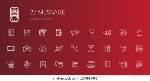 message icons set. Collection of message with smartphone, phone call, telephone, chat, agenda, email, mobile phone, mailbox, paper, bubbles. Editable and scalable message icons.