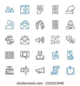 message icons set. Collection of message with sticky note, communications, speaker, mailbox, post office, smartphone, notes, user, email. Editable and scalable message icons.