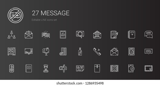 message icons set. Collection of message with wedding video, envelope, planning, mailbox, postman, notebook, speaker, love letter, telephone. Editable and scalable message icons.