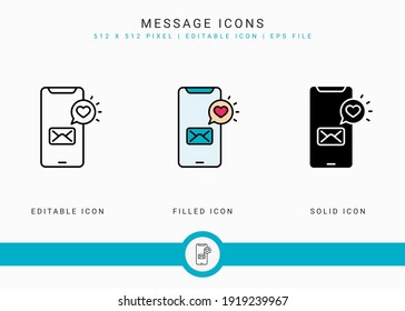 Message icons set vector illustration with solid icon line style. Wedding love romance concept. Editable stroke icon on isolated background for web design, user interface, and mobile application
