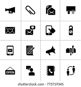 Message icons. vector collection filled message icons. includes symbols such as megaphone, paper clip, do not disturb, paper, phone. use for web, mobile and ui design.