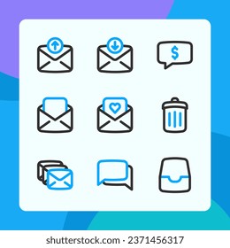 Iconos de mensajes vectoriales de doble tono, para el diseño ui ux, iconos del sitio web, interfaz y negocio. Incluyendo carta de amor, mensaje, correo, eliminación, chat, bandeja de entrada, etc.