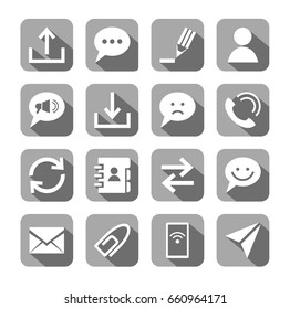 The message, icons, white, vector, grey background. Methods of communication and transmission of information. White vector image on a gray background with shadow. 