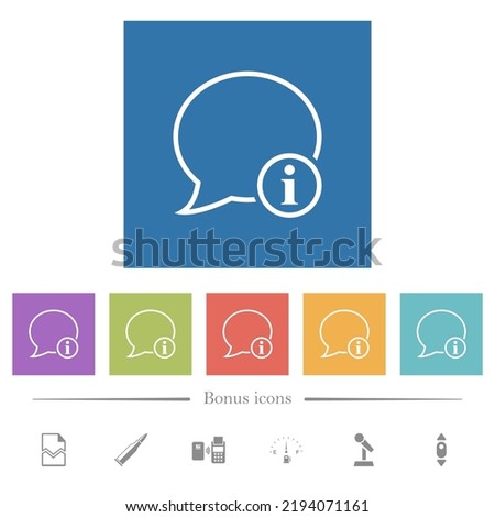 Message info outline flat white icons in square backgrounds. 6 bonus icons included.
