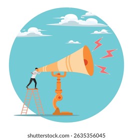 Message or information concept, important announcement loud shouting. Businessman shouting on big amplifier megaphone.