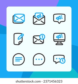 Message interface icons in dual tone style, for ui ux design, website icons, interface and business. Including mail, marketing, digital marketing, talk, chat bubble, write, etc.