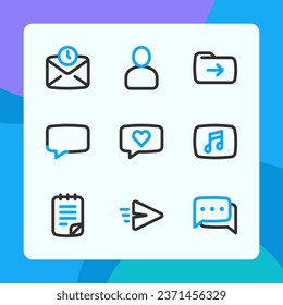 Message interface icons in dual tone style, for ui ux design, website icons, interface and business. Including delay message, chat bubble, chat, love message, send message, etc.