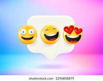 Message with laughing emojis. Chat bubble with cute emoji. Vector 3d illustration