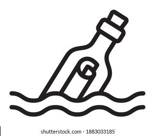 Message or letter in a bottle floating and partially submerged in water line art vector icon for apps and websites
