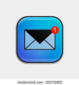 Message / letter button icon on blue button. Vector illustration.