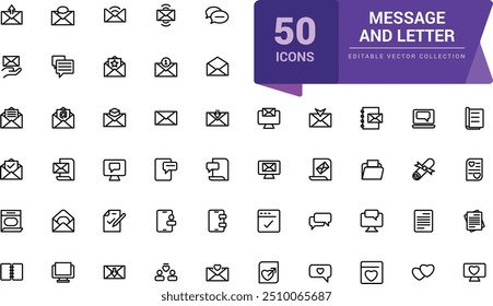 Conjunto de ícones de mensagem e carta. Pixel perfeito, minimalista web e ícone UI. Contornar coleções de ícones. Ilustração vetorial editável.