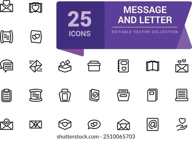 Conjunto de ícones de mensagem e carta. Pixel perfeito, minimalista web e ícone UI. Contornar coleções de ícones. Ilustração vetorial editável.