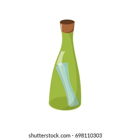 Message, letter, note in transparent green glass bottle, cartoon vector illustration isolated on white background. Cartoon, comic style vector illustration of message in glass bottle