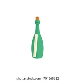 Message, letter, scroll in transparent glass bottle, simple flat style cartoon vector illustration isolated on white background. Flat cartoon vector illustration of message in bottle