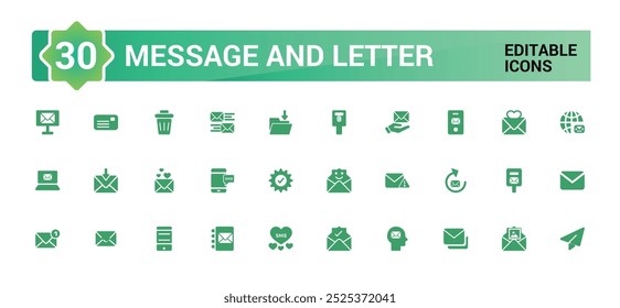 Message and letter solid icon set. Glyph ui icons kit, Communication, message, email and letter, Filled symbol for web and mobile. Vector illustration