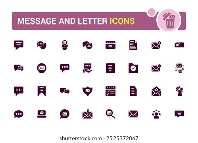 Message and letter solid icon set. Glyph ui icons kit, Communication, message, email and letter, Filled symbol for web and mobile. Vector illustration