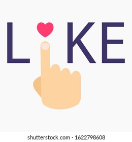 Message "Like" consists hand and heart pink. Hand pressing Like. Vector sign isolated on gray background. Simple logo vector illustration for graphic and web design.