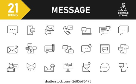 Conjunto de ícones de linha de mensagem. Conjunto de 21 ícones de tópicos relacionados a mensagem, bate-papo, correio, balões de fala, comunicação, bolha e outros. Traçado editável. Ilustração vetorial.