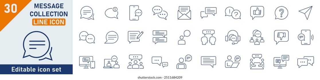 Message line icon set. Set of 30 outline icons related to communication, speech, chat, help. Message outline icons collection. Vector illustration.