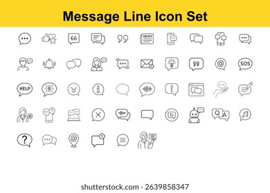 Message Line Icon Set – Chat, Talking Bubbles, Dialogue, Conversation, Audio, Video, Text And Internet Communication Icons