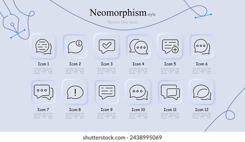 Message line icon set. Dialogue bubble, check mark, correspondence, notification, sms, internet. Neomorphism style. Vector line icon for Business