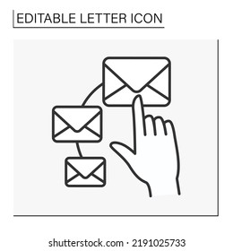  Icono de línea de mensaje. Tres letras. Hojas de papel. Notificación. Concepto de carta. Ilustración vectorial aislada. Trazo editable