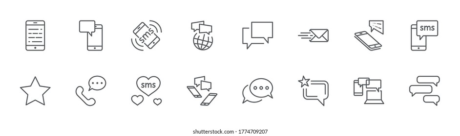 Iconos de línea de mensajes. Icono SMS, Corazón, Chats de amor, Chat en grupo. Stroke Editable