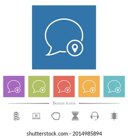 Message location outline flat white icons in square backgrounds. 6 bonus icons included.