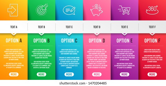 Message, Login and Shopping cart line icons set. Infographic timeline. Targeting, Saving money and Full rotation signs. Speech bubble, Sign in, Online buying. Click. Business set. Vector