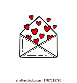 Message with love. Mail icons elements in doodle style. Envelopes for Love card. Hand drawing sketch letters. Valentine's day symbol.