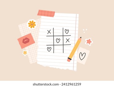 Message with love tic tac toe on torn sheet from copybook. Flat lay with stationery elements in collage style. Pencil, doodle hearts, kiss on paper, stickers, lined paper. Vector illustration.