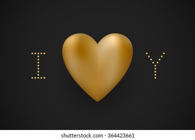 Message I love you. Gold heart Valentine's Day on a black background for greeting card. Vector illustration