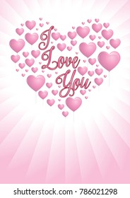 Message I love you with pink heart-shaped balloons floating on pink background with white light coming from behind the heart. The balloons are forming a heart. Vector image
