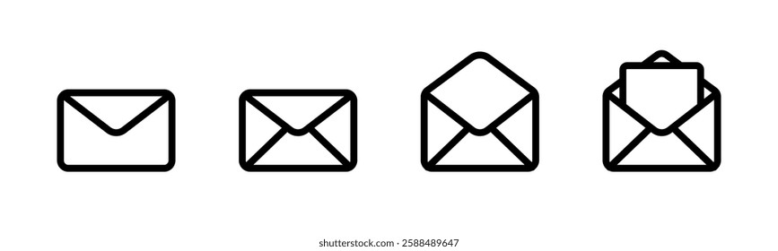 Message mail icon set. E-mail envelope icons. Inbox, sending, opened, received, sent, delivered mail sign symbol. Letter paper envelope. Message envelope icons