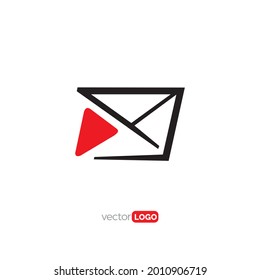 Mensaje o correo con icono del botón de reproducción, símbolo,Ilustración de plantilla del vector de diseño de logotipo