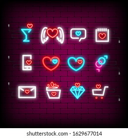 Message, mail, sale, box Neon happy Valentine's Day set icon. Valentine lamp romance heart collection shape. Red color vector light. Nightclub bulb dark brick wall. Holiday love greeting icons.