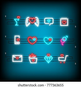 Message, mail, sale, box Neon happy Valentine's Day set icon. Valentine lamp romance heart collection shape. Red color vector light. Nightclub bulb dark bar. Holiday love greeting icons.