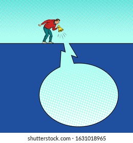 Message. A man with a megaphone. Communication concept. Pit silhouette. Pop art retro vector illustration 50s 60s style