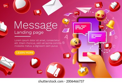 Message with many icons, chat for communication of people, landing page. Vector illustration