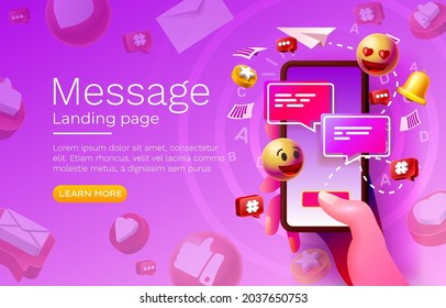 Message with many icons, chat for communication of people, landing page. Vector illustration