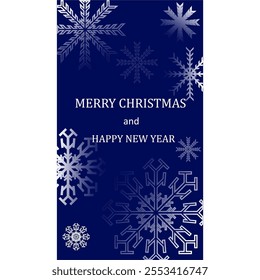 The message 'MERRY CHRISTMAS and HAPPY NEW YEAR' is displayed in white, centered for prominence. The snowflakes vary in size and detail, creating a sophisticated and celebratory look.