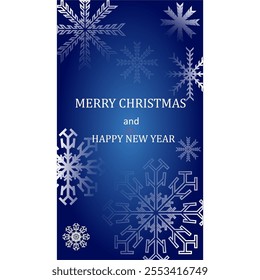 The message 'MERRY CHRISTMAS and HAPPY NEW YEAR' is displayed in white, centered for prominence. The snowflakes vary in size and detail, creating a sophisticated and celebratory look.