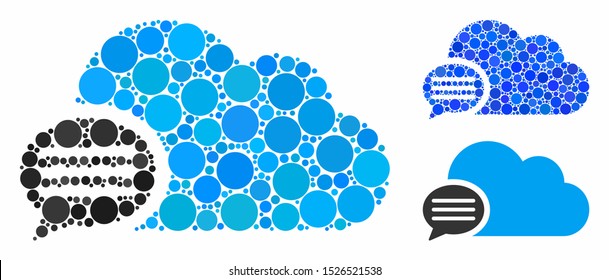 Message mosaic for message icon of filled circles in various sizes and color tinges. Vector filled circles are organized into blue collage. Dotted message icon in usual and blue versions.