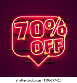Mensaje Neon 70 fuera del banner de texto. Signo de noche. Ilustración del vector