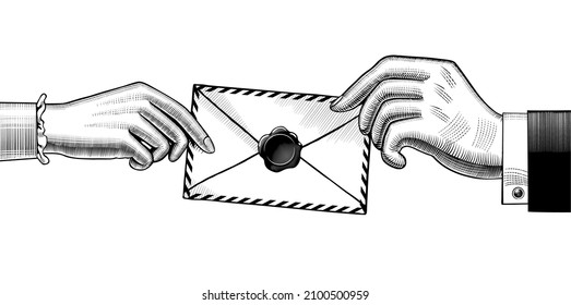 Message, news, letter. Hands holding a postal envelope. A retro-style postal sign and badge. Antique engraving, stylized drawing. Vector illustration