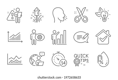 Message, No alcohol and Graph line icons set. Fireworks, Trade infochart and Scissors signs. Quick tips, Eco energy and Quarantine symbols. Graph chart, Cogwheel and Cough. Line icons set. Vector