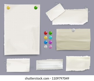 Message notes vector illustration of paper sheets with color pin clips on bulletin board background. Isolated set of memo stickers for office or home reminders and business to-do lists