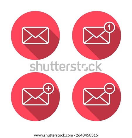 Message notification, add and remove envelope email outline icon with long shadow. Mail sign symbol